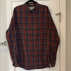 Duluth Trading Co Men's Orange, Navy & Green Plaid Button Up Shirt